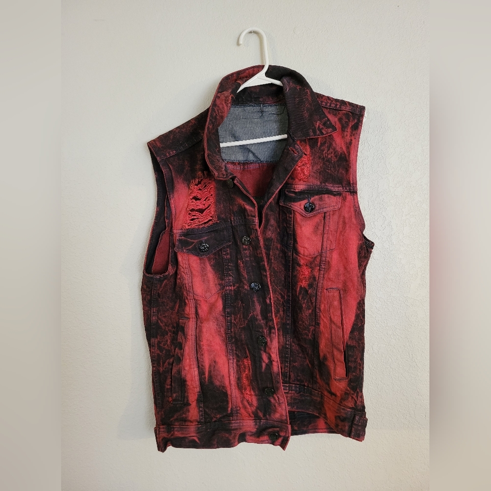 Distressed Denim Red and Black Vest
